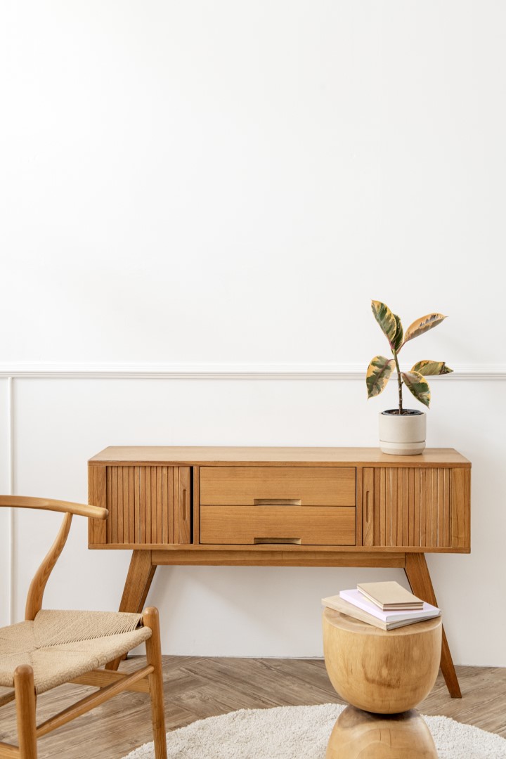rubber-plant-wooden-sideboard-table